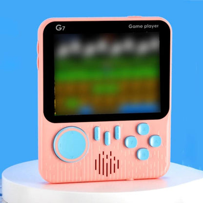 Pink handheld G7 retro games console with screen and circular control pad