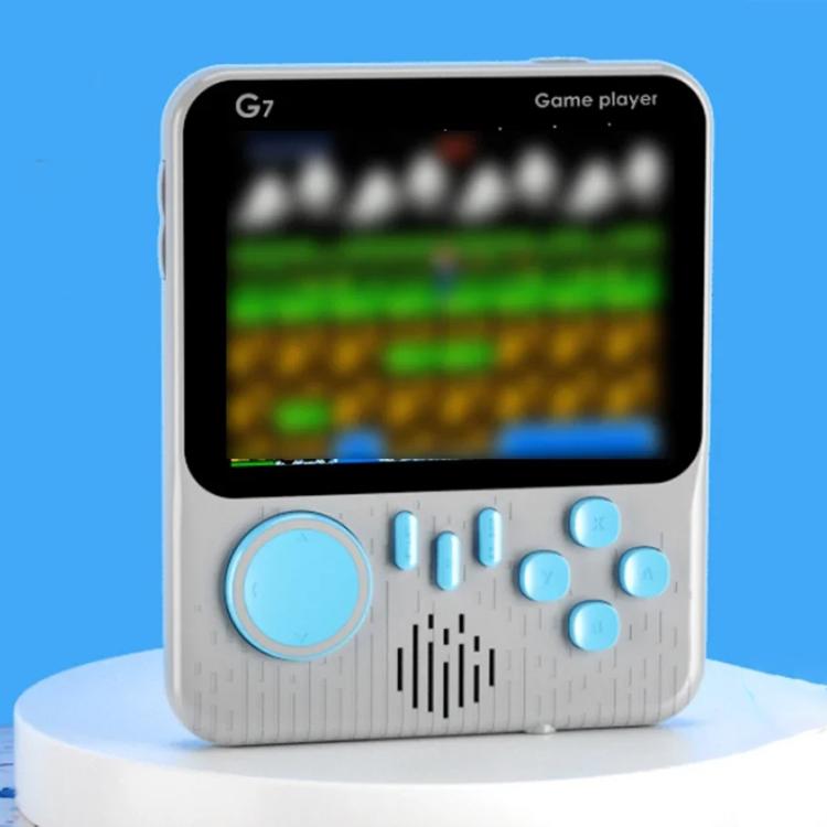 Light gray G7 handheld retro games console with screen and circular control pad