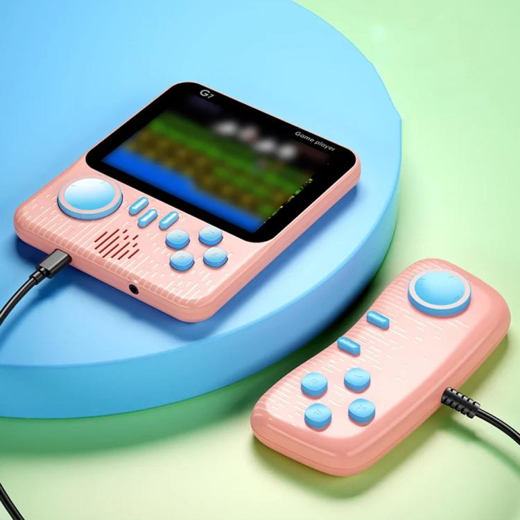 Pink G7 handheld console with matching wired controller, game screen, and buttons