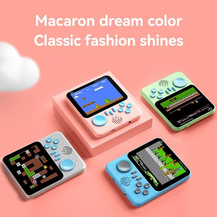 Set of handheld retro game consoles in pastel colors with built-in screens