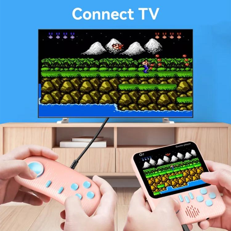 Hands holding pastel handheld retro consoles while a TV shows gameplay