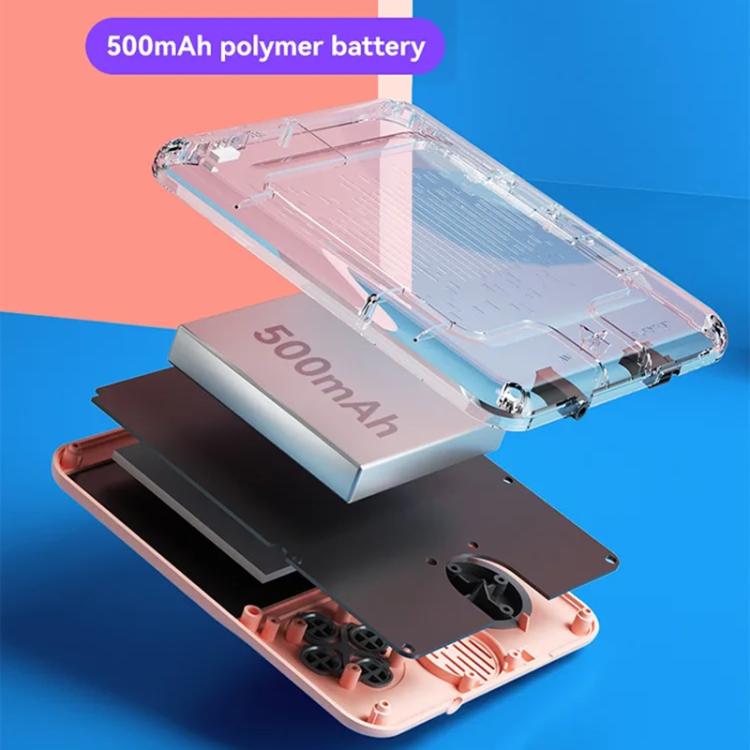 Handheld retro game console with exposed 500mAh battery and clear battery cover