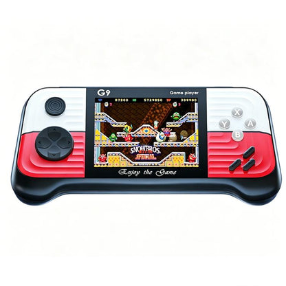 Portable handheld retro video game console with red accents and built-in screen