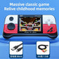 Portable handheld retro video game console with red accents, plus included cable connectors