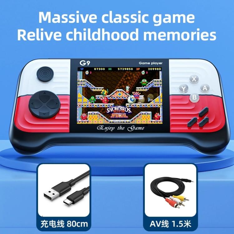 Portable handheld retro video game console with red accents, plus included cable connectors