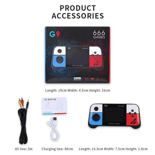 Portable handheld retro game console accessory kit with controllers, cables, and instructions
