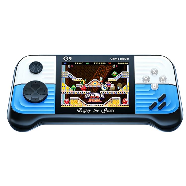 Portable handheld retro video game console with blue accents and built-in screen