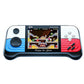 Portable handheld retro video game console with blue accents and built-in screen