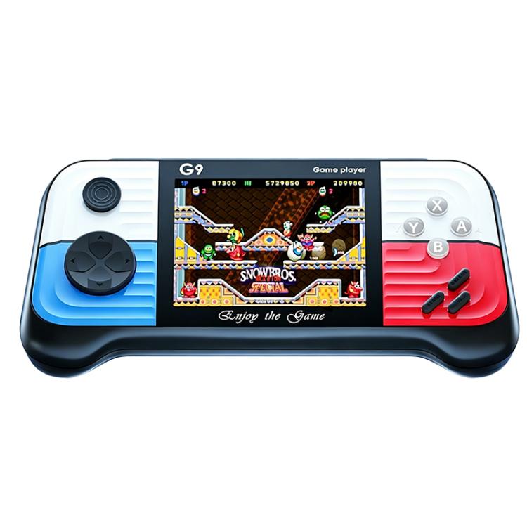 Portable handheld retro video game console with blue accents and built-in screen