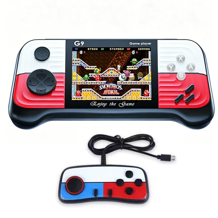 Portable handheld retro game console with red accents and a wired controller