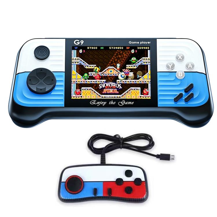 Portable handheld retro video game console with blue accents and a wired controller
