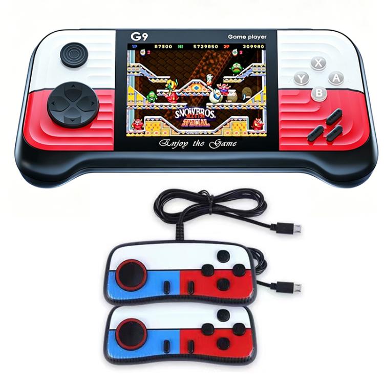 Portable handheld retro video game console with red accents and two wired controllers