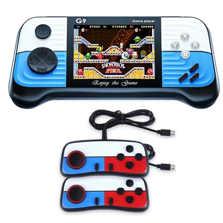Portable handheld retro video game console with blue accents and two wired controllers