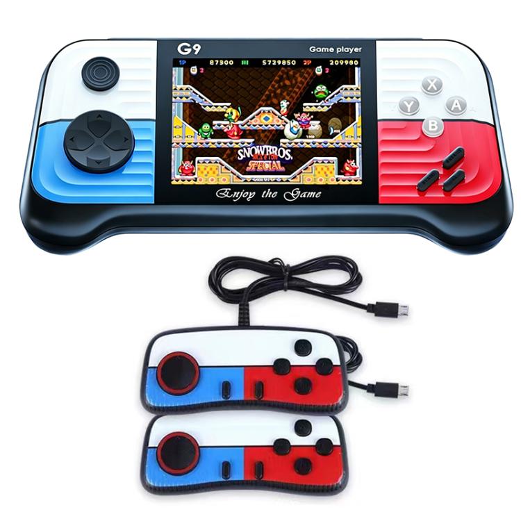 Handheld retro game console with 3.0-inch screen and two matching controller units.
