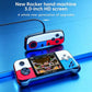 Handheld retro game console with blue-and-red body, screen, and side control buttons.