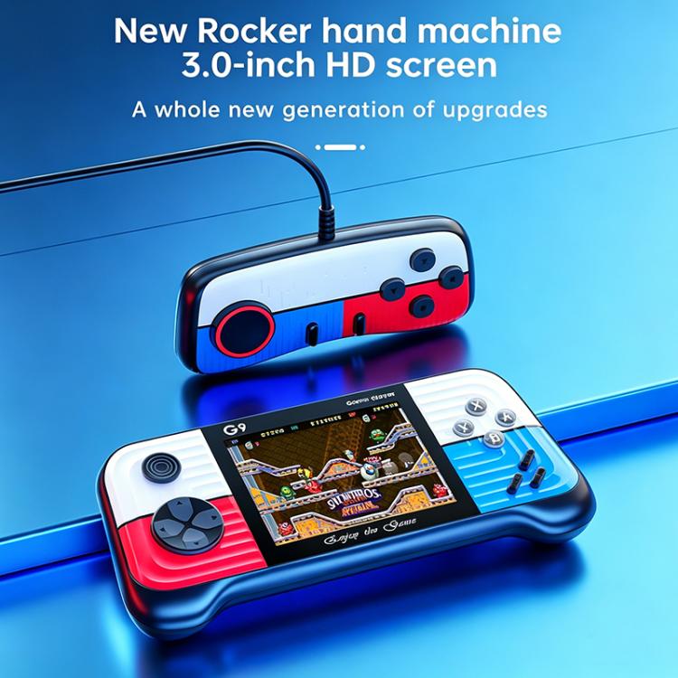 Handheld retro game console with blue-and-red body, screen, and side control buttons.