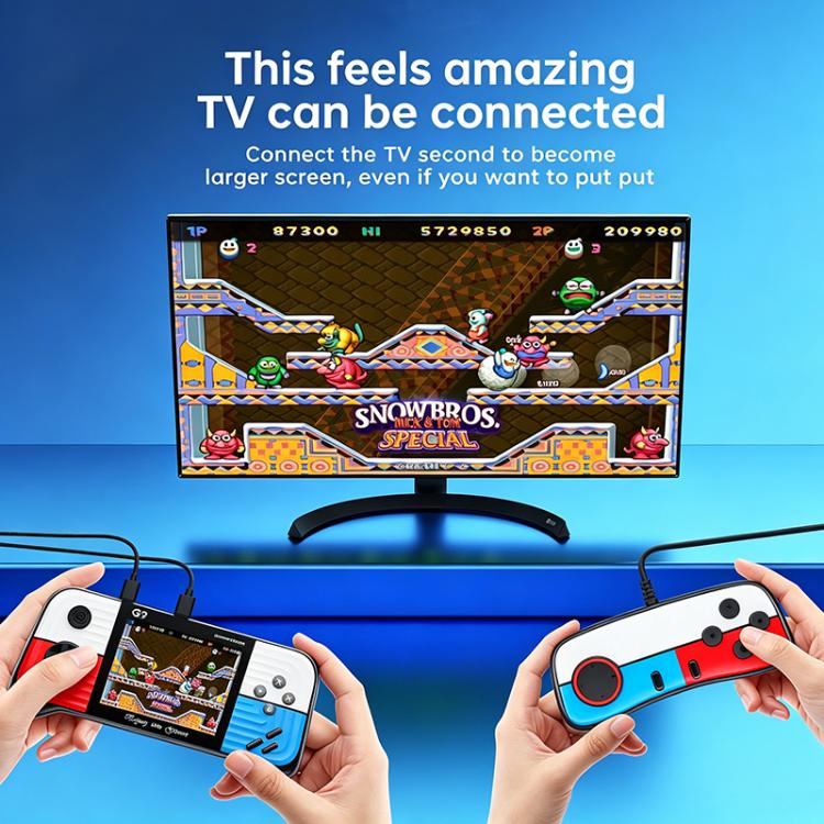 Portable retro handheld game console, red and blue, with game screen and controls