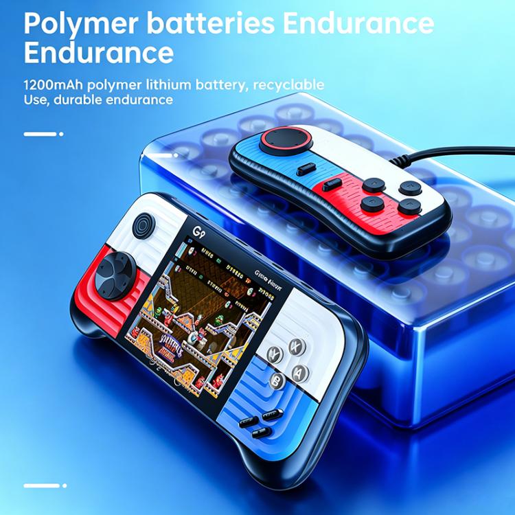 Portable retro handheld game console with blue body and game screen, compact handheld
