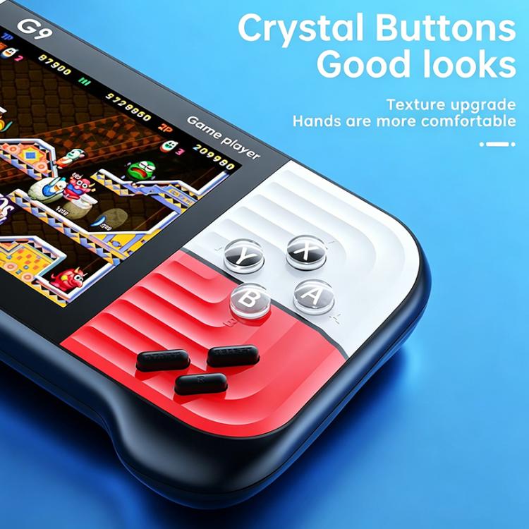 Portable retro handheld game console face with red panel and round button controls