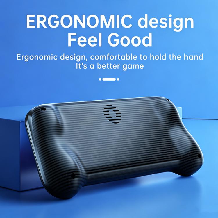 Portable retro handheld game console with textured black back shell, ergonomic grip
