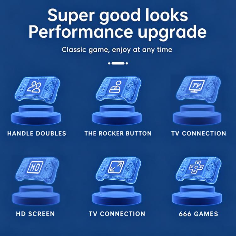 Handheld retro game console showing feature icons on its screen.