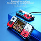 Handheld retro game console with red-and-blue shell and powered-on game screen.