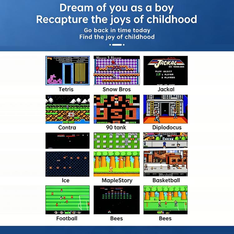 Handheld retro game console displaying a grid of classic game thumbnails on screen.