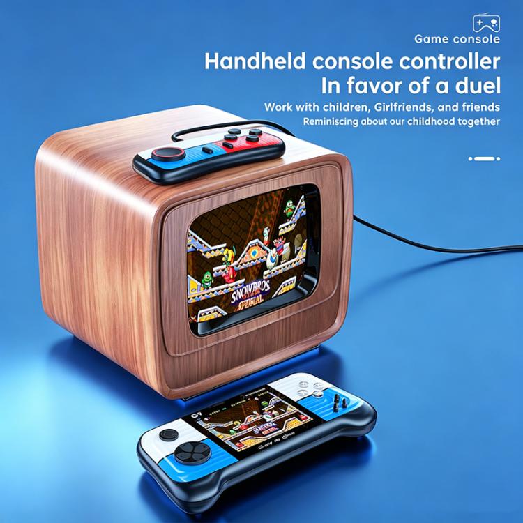 Handheld retro game console with screen, sitting in a woodgrain display cube.