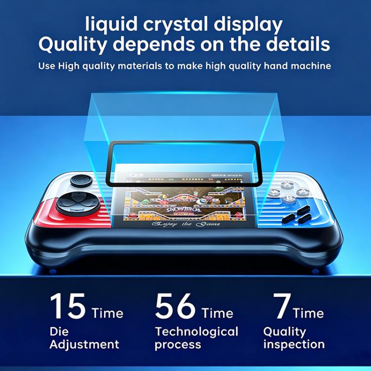 Handheld retro game console with full-screen display and transparent protective overlay.