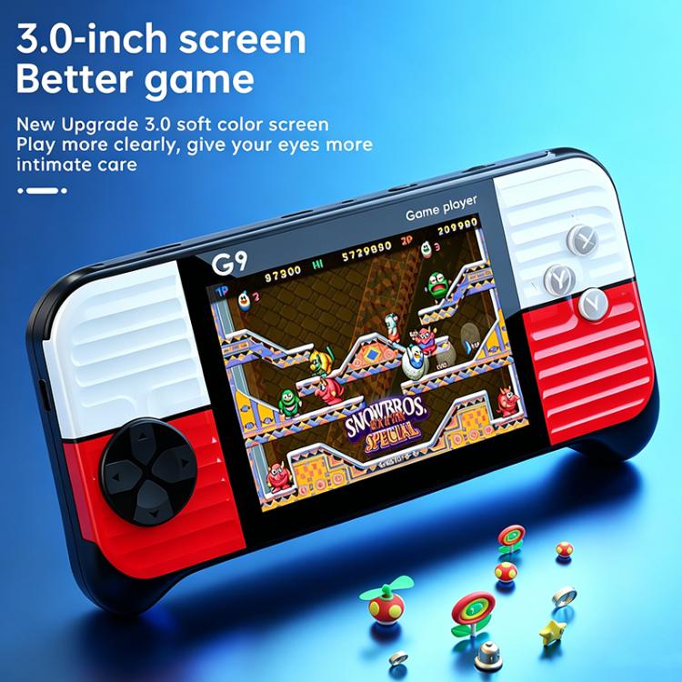 Handheld retro game console with 3.0-inch screen and red-and-black controller grips.