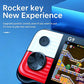 Close-up of handheld retro game console joystick and screen on the red-and-white front.