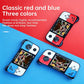 Three colorway handheld retro game consoles with screens and built-in joysticks.