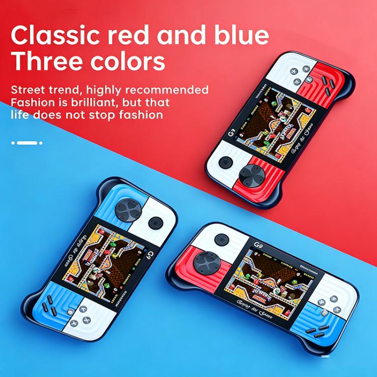 Three colorway handheld retro game consoles with screens and built-in joysticks.