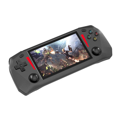 Black handheld game console with 4.3-inch screen and dual analog sticks