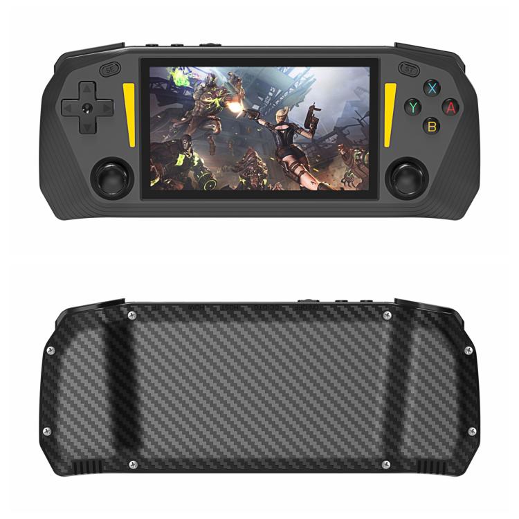 Black handheld console back with carbon-fiber texture and screw holes