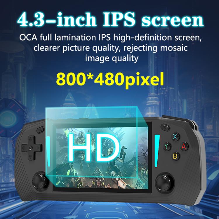 Handheld game console with bright screen and dual analog sticks on black controls