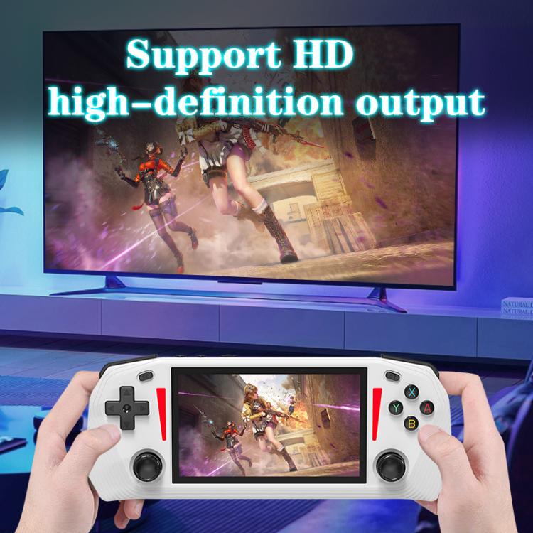 White handheld game console held in hands with built-in screen and buttons
