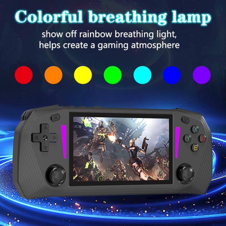 Black handheld game console with rainbow side lights and dual analog sticks