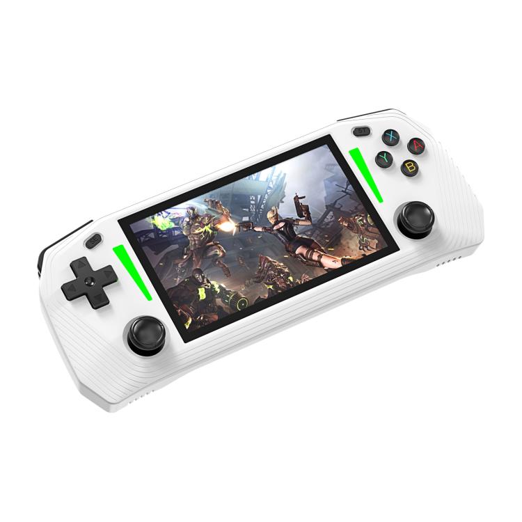 White handheld game console with 4.3-inch screen, dual sticks, and colored buttons