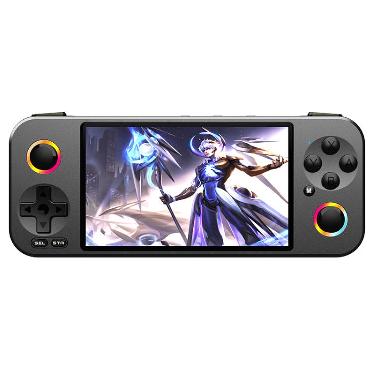 Black handheld game console with 4.5-inch screen and dual joystick buttons