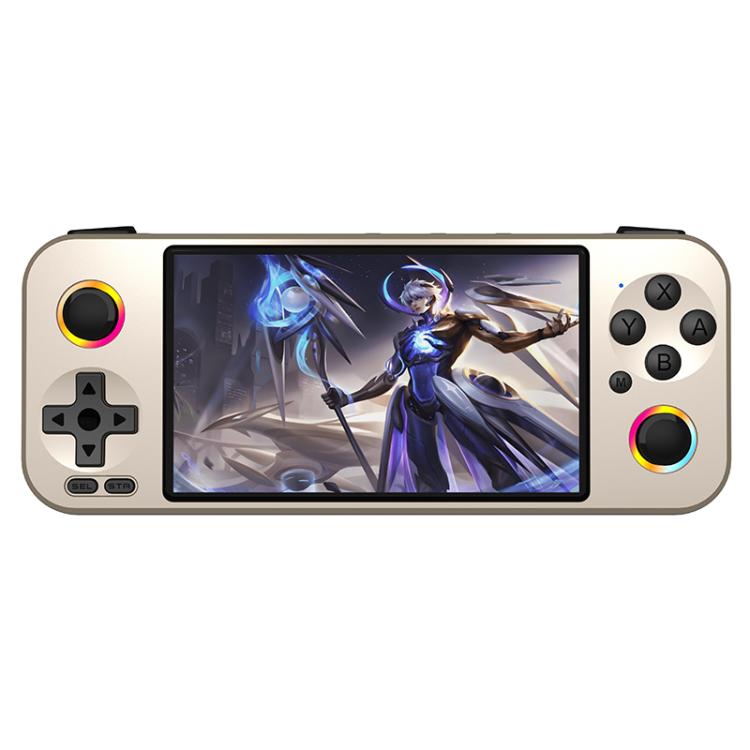 Gold-toned handheld game console with 4.5-inch screen and dual joystick buttons