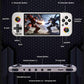 White handheld game console front controls and side ports including headphone jack and charger