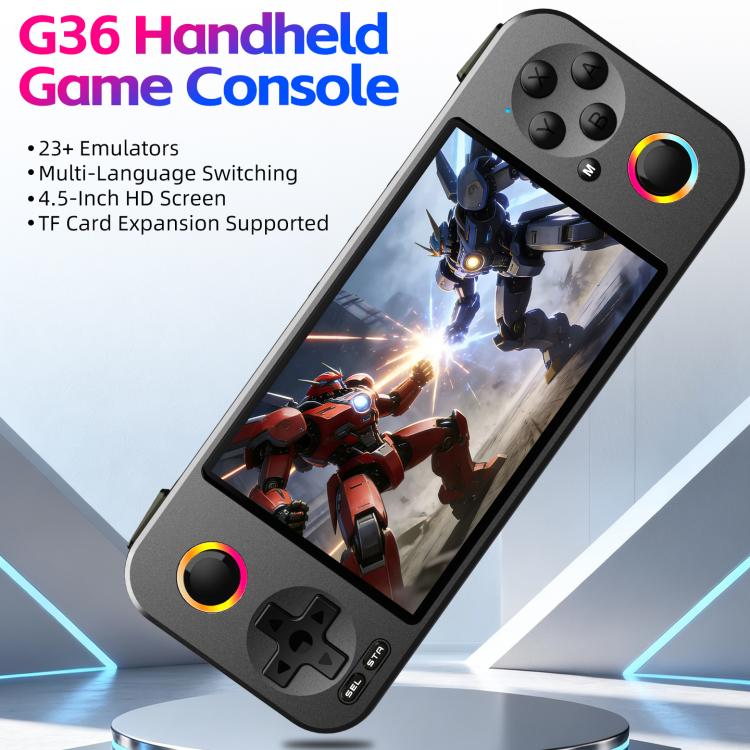 Handheld game console with 4.5-inch screen, front D-pad, and dual joysticks