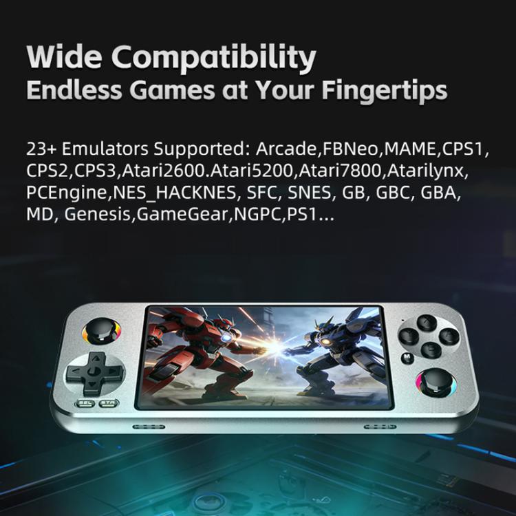 Silver handheld game console with 4.5-inch screen and dual analog sticks