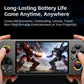 Handheld game console with game display, black controls, and colored thumbstick rings