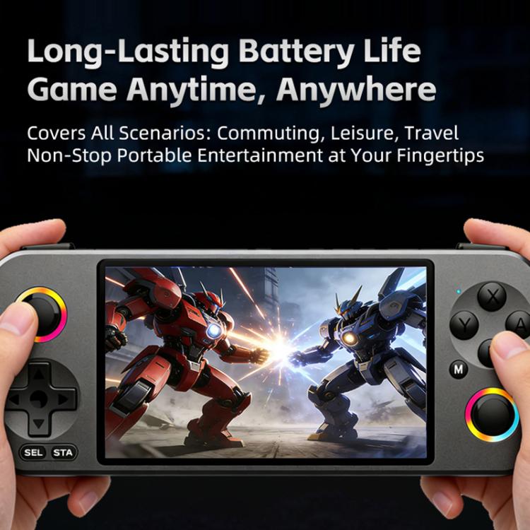 Handheld game console with game display, black controls, and colored thumbstick rings