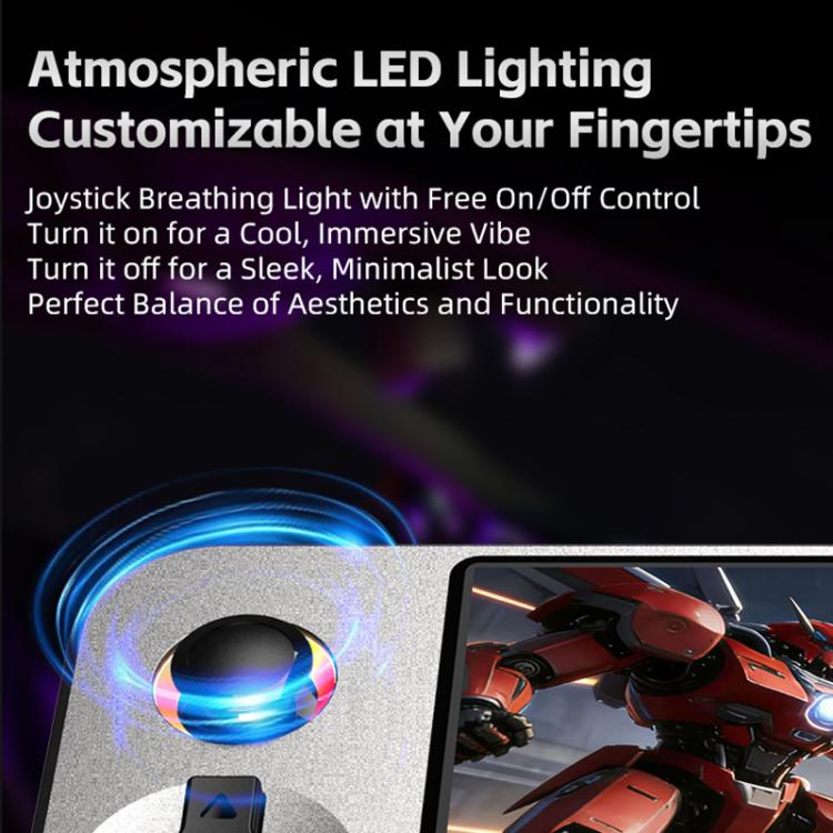 Handheld game console with glowing LED joystick rings and screen preview