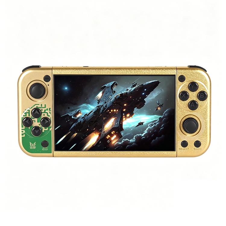 Gold handheld game console with 5-inch display and face buttons