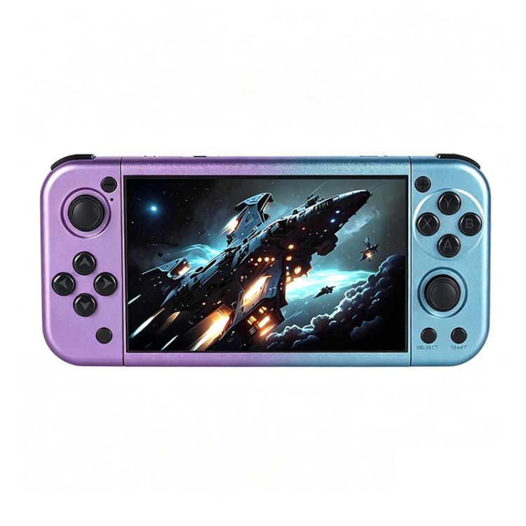 Lilac-and-blue handheld game console with 5-inch screen and four face buttons