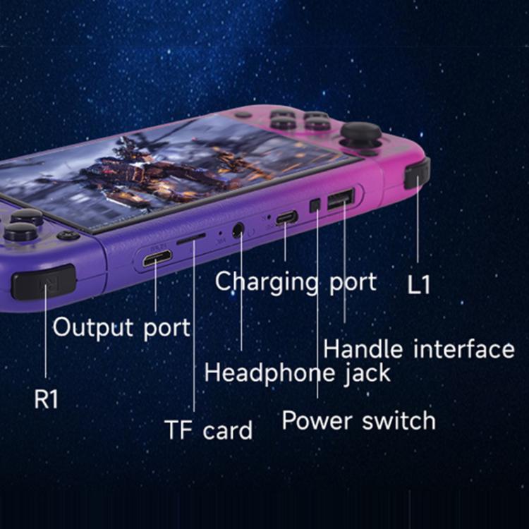 Purple handheld console with side ports, headphone jack, and power switch